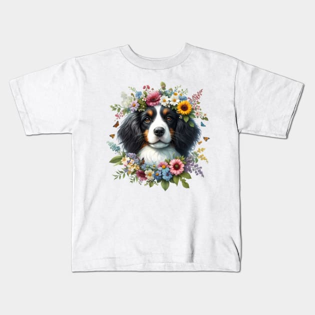 A Small Münsterländer with beautiful colorful flowers Kids T-Shirt by CreativeSparkzz